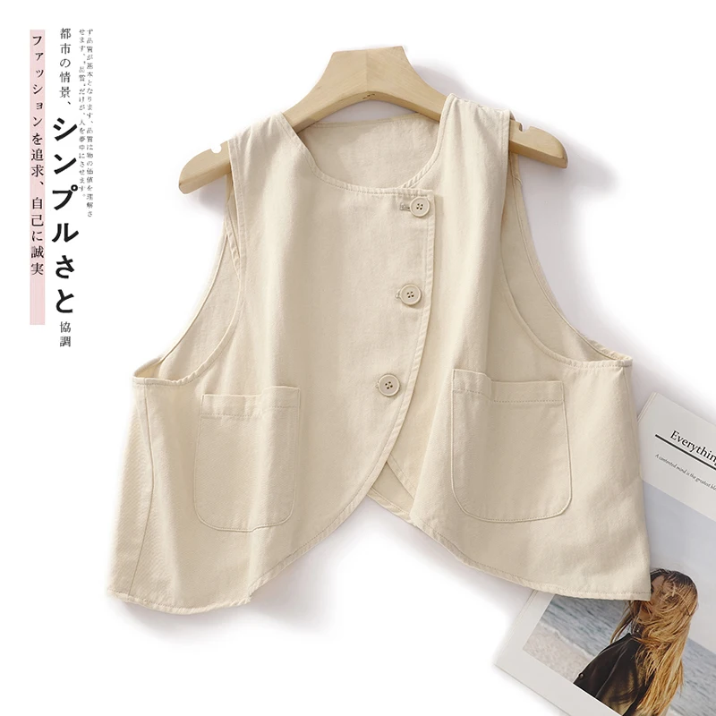 

2024 New Solid Color Cotton and Hemp Sleeveless Skew Buckle Irregular Vest Top Topped with Casual Loose Vest Women's Coat