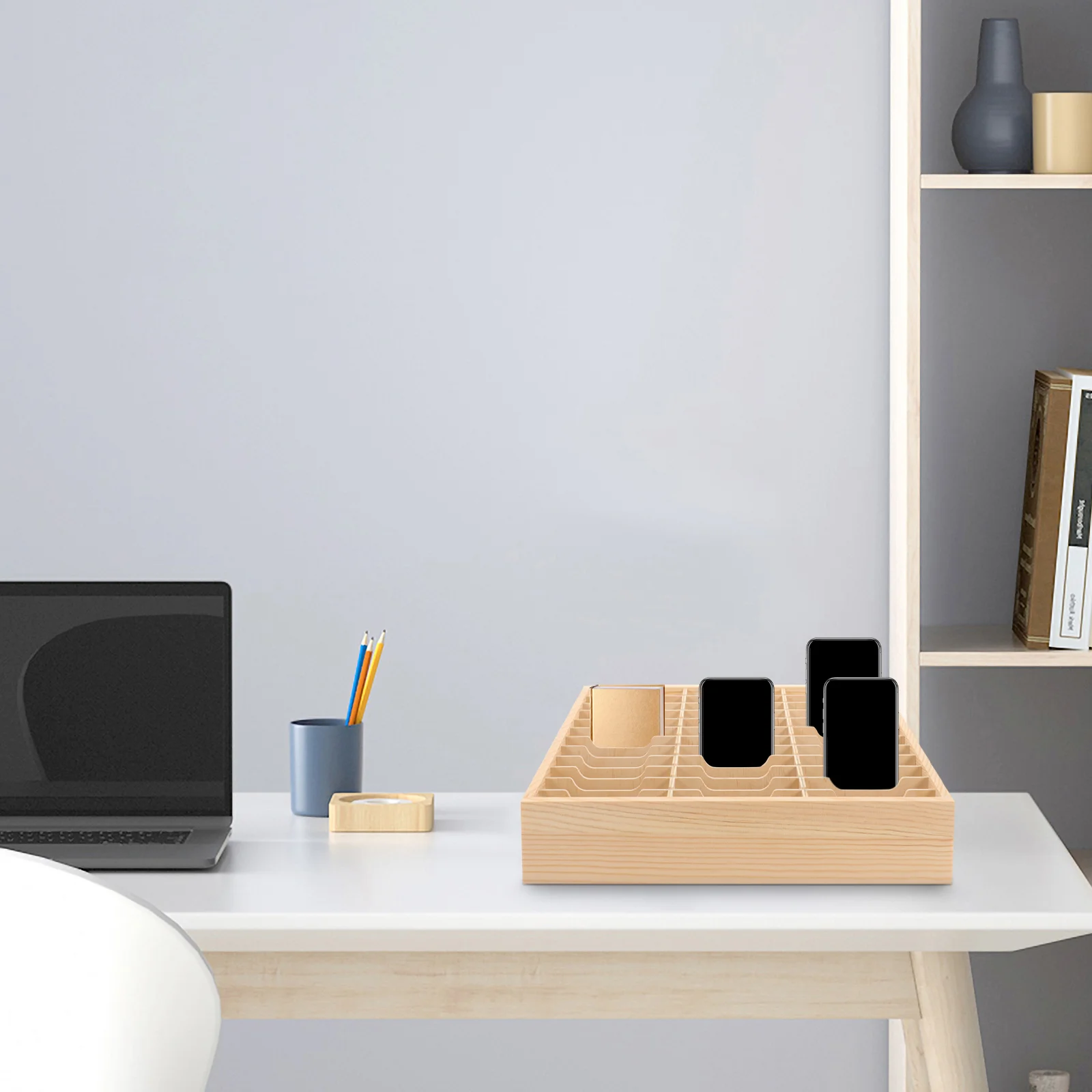 Telephone Multi-grid Rack Storage Box Office Handheld Tissues Kit Wooden Tablet Stand Display