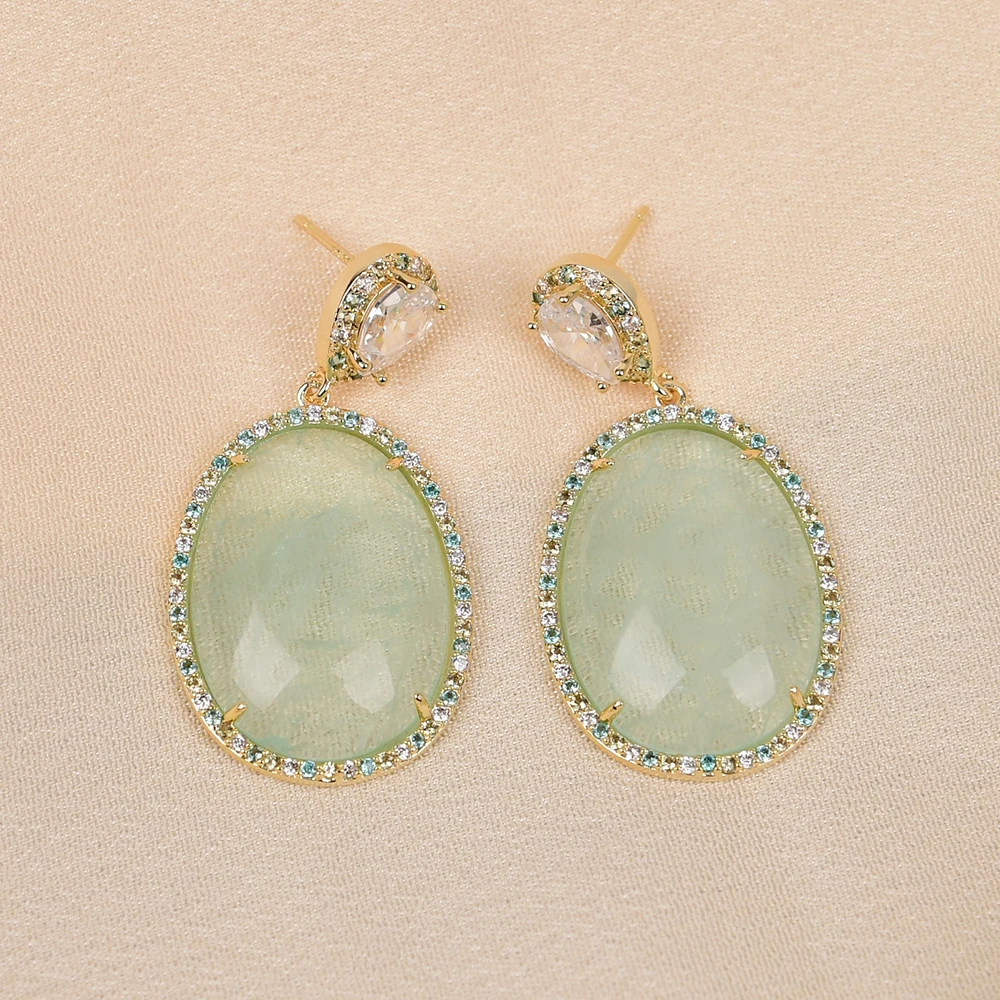 G-G Natural Green Quartz CZ Paved Crystal Stud Needling Dangle Earrings