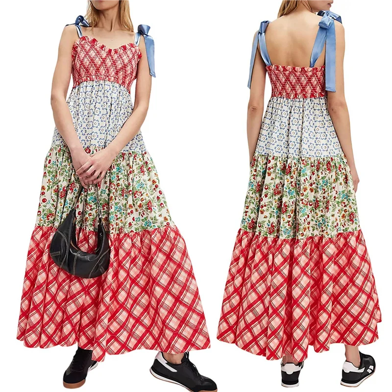 AOAO-ผู้หญิงลายดอกไม้โบโฮชุดเดรสผูกไหล่ Smocked Patchwork Flowy Maxi Dress พร้อมกระเป๋าฤดูร้อนฤดูใบไม้ร่วง