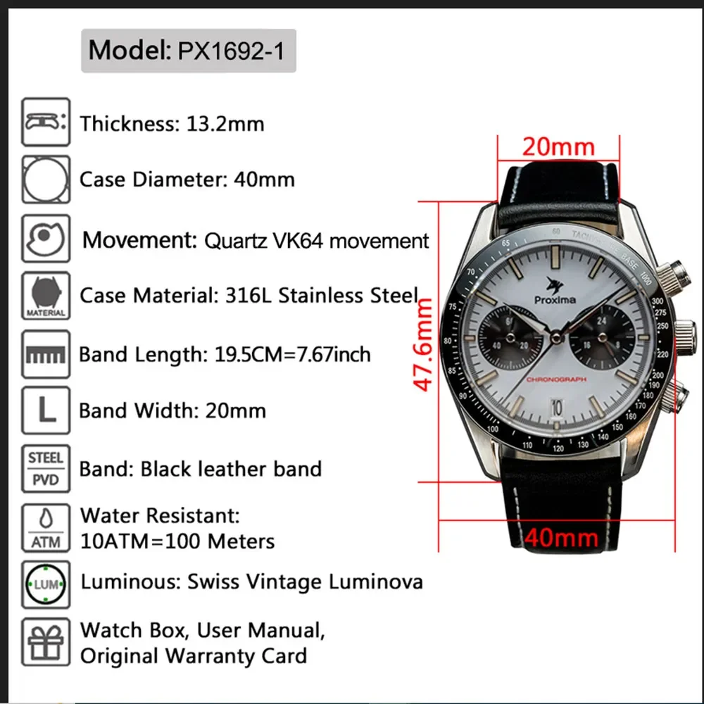 Proxima New Design Panda Men's 40mm Quartz Watch Ceramic Bezel Business Waterproof Watches Men Chronograph VK64 Reloj Hombre