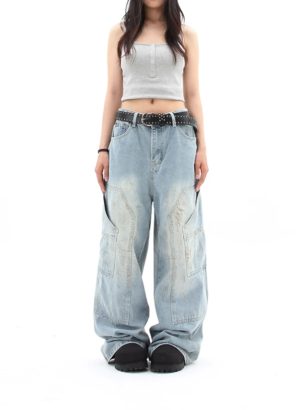 

Американские свободные прямые брюки, повседневная рабочая одежда, джинсы, мужские и женские винтажные длинные брюки, брюки со средней талией на молнии