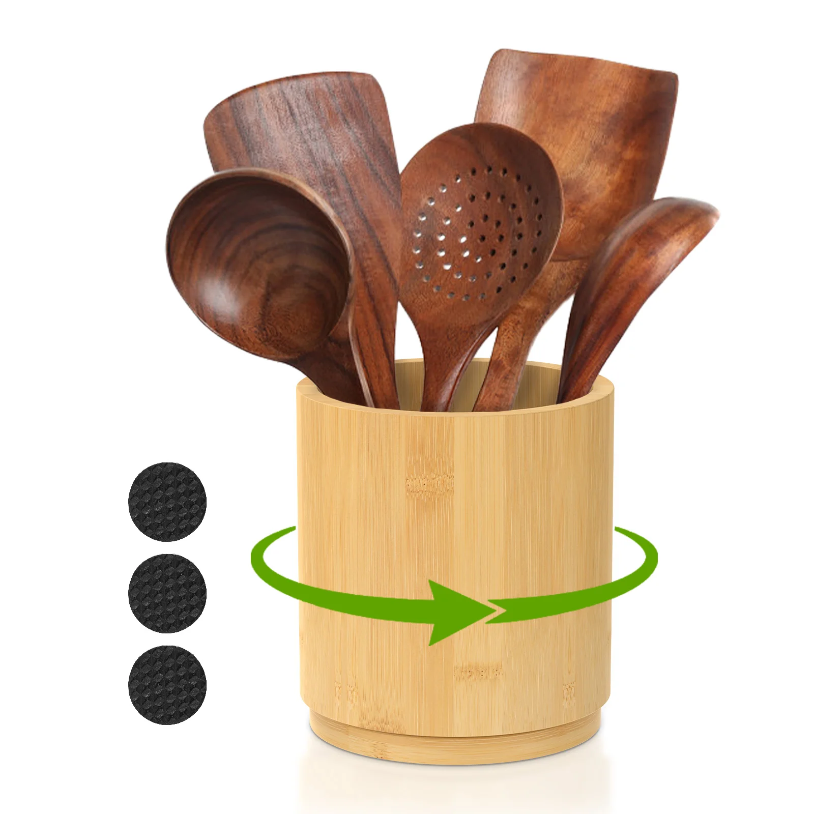 Holz-Utensilienhalter 360 °   Drehbarer Küchenarbeitsplatten-Besteckhalter, Aufbewahrungsregal für Kochutensilien und Essbesteck