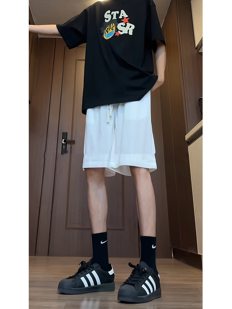 

Ice Silk Texture White Men's orts Summer Thin Qui Dry over Knee Straight American Casual Beach Five-Quarter Pants