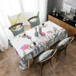 Spring Pink Tulip Flowers Eucalyptus Leaves Waterproof Tablecloth Party Decor Reusable Rectangle Tablecloth Wedding Decorations
