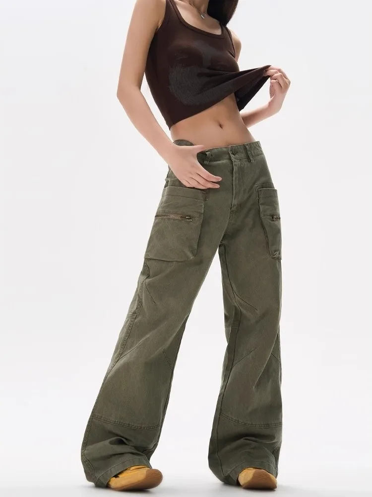 

Retro American Wide Leg Pants CleanFit Double Zipper ket Straight Loose Workwear Trousers for Men Casual Cotton Long Pants