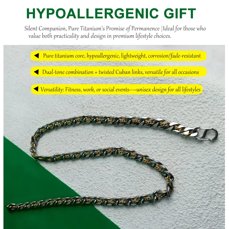 7.2MM Two-in-One Chain Necklace - Inner Yellow Titanium Inner Core with Outer Titanium Cuban Link Design