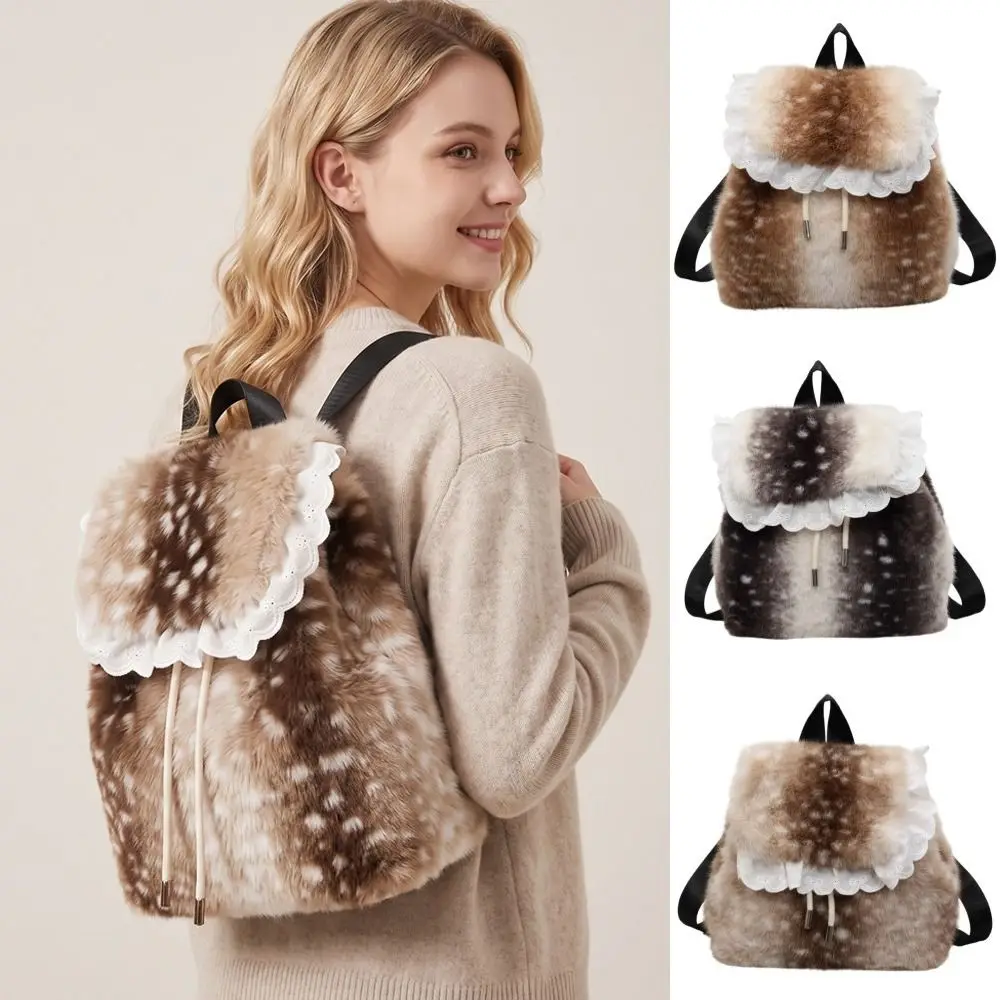 Portable Leopard Print Fluffy Shoulder Bag Deer Spot Warm Faux Fur Backpack Solid Color Large Capacity Backpack Work