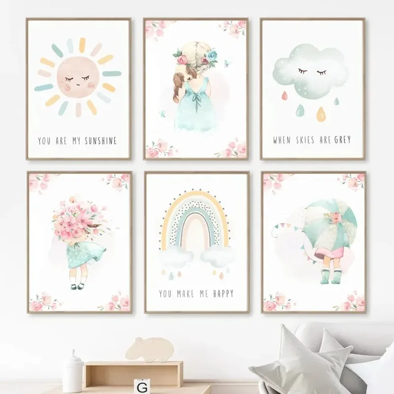 Мультяшная девушка замок красочное солнце Радуга стены Искусство Холст живопись плакаты и фото детская комната Домашний декор