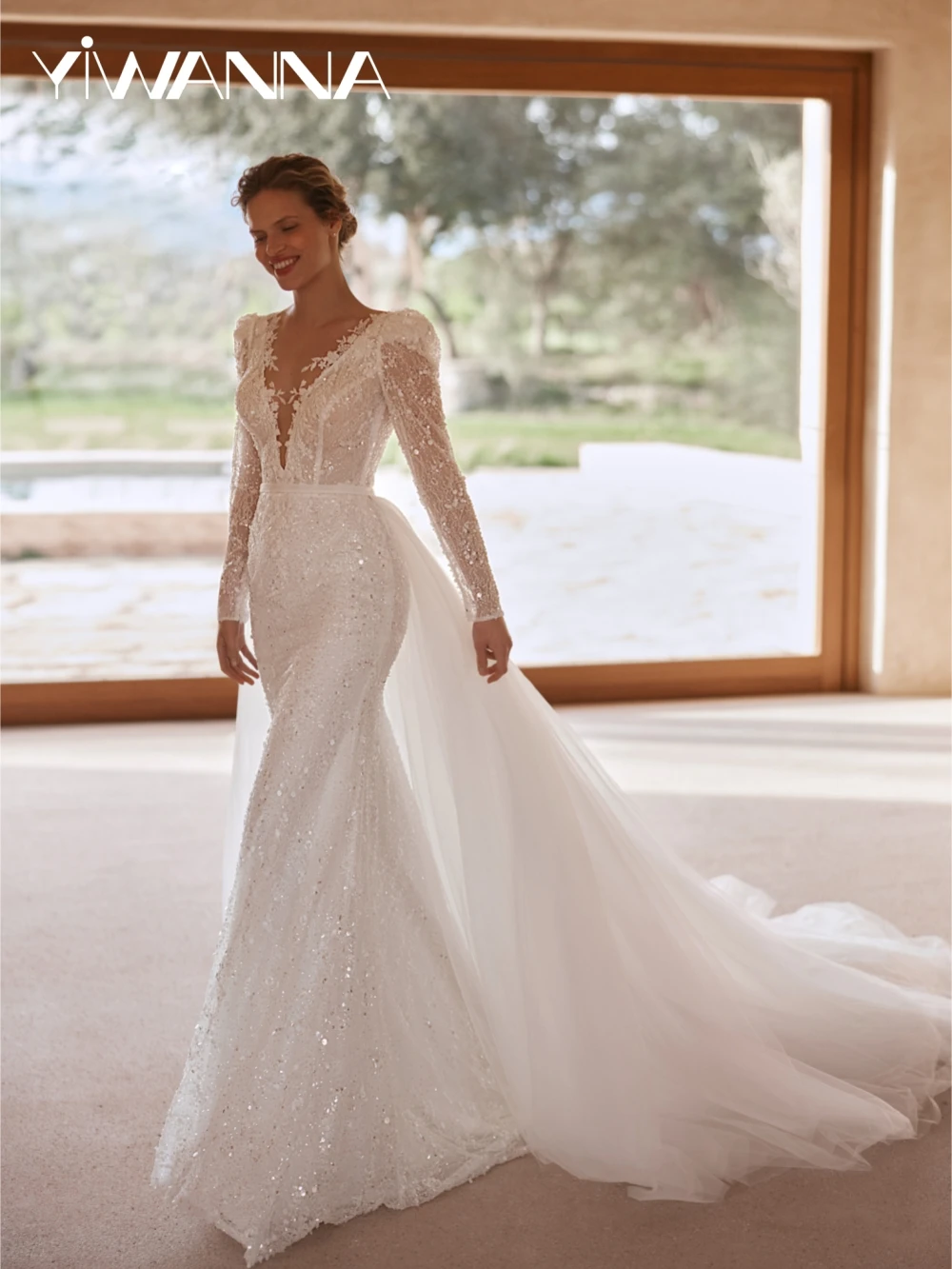 

Detachable Train Beaded Long Sleeve Wedding Dress Sparkling Oneck Mermaid Bridal Gown Customized Ivory Dresses For Bride