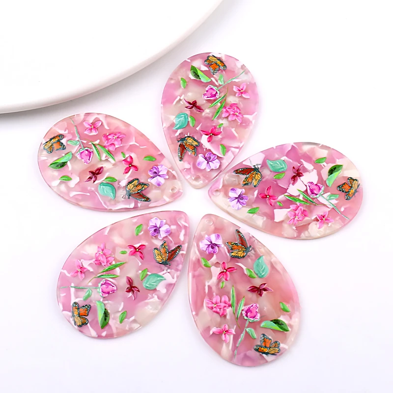 6pcs 34x53mm Flowers Butterfly Print Big Charms Pendant for Earring Key Chains Acrylic Waterdrop DIY Jewelry Making Findings