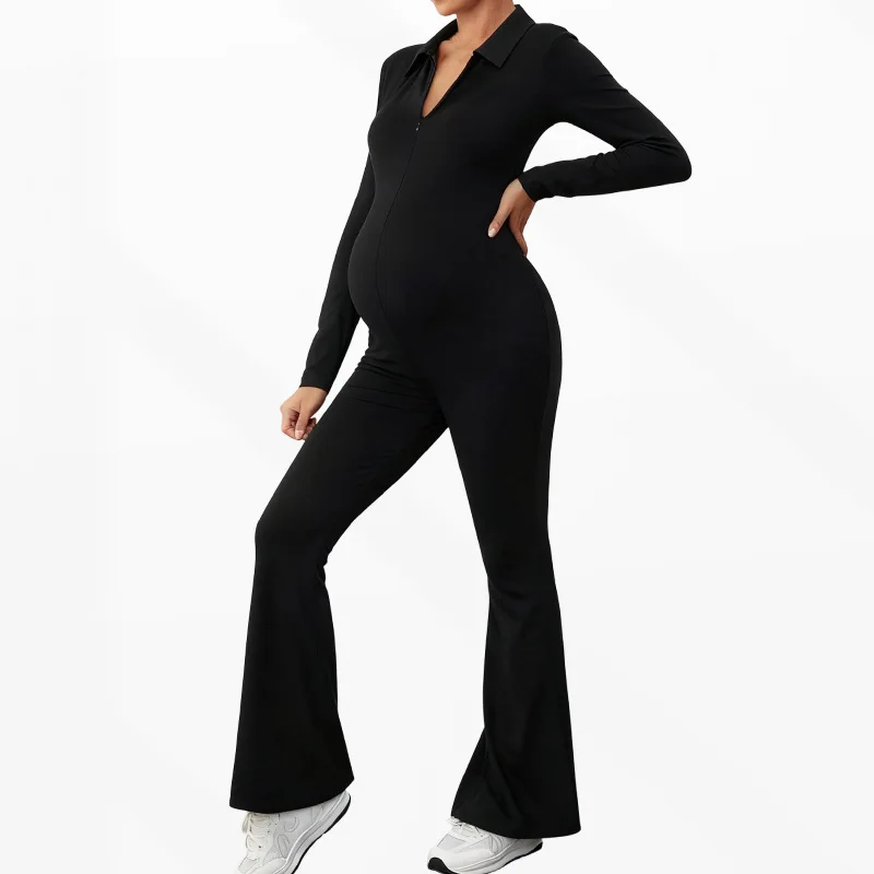 

Pregnant Women Casual Jumpsuit Maternity Solid Long Sleeve V-neck Elegant Slim Fit Overalls Spring Autumn Pregnancy Clothing