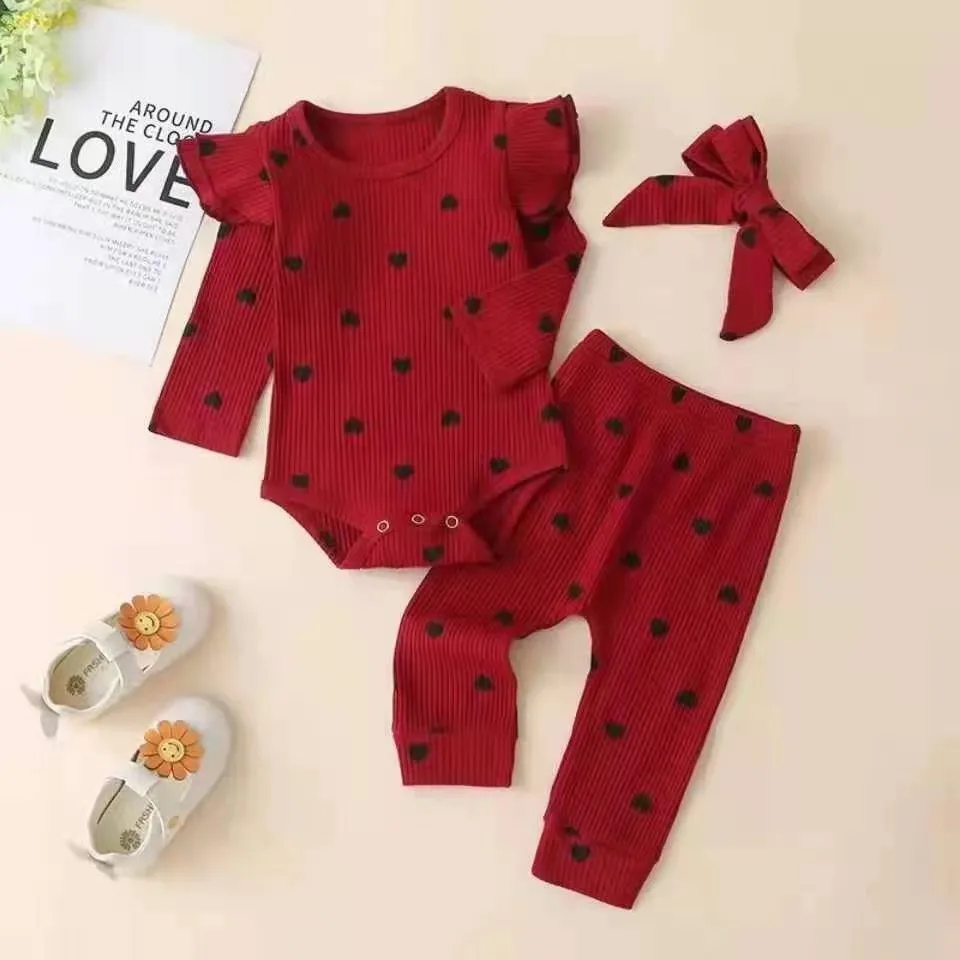 3Pcs Baby Girl Outfit Set Newborn Toddler Kids Clothing Set Baby Girls Lace Ruffles Cotton Bodysuit +Pants+Headband Clothing