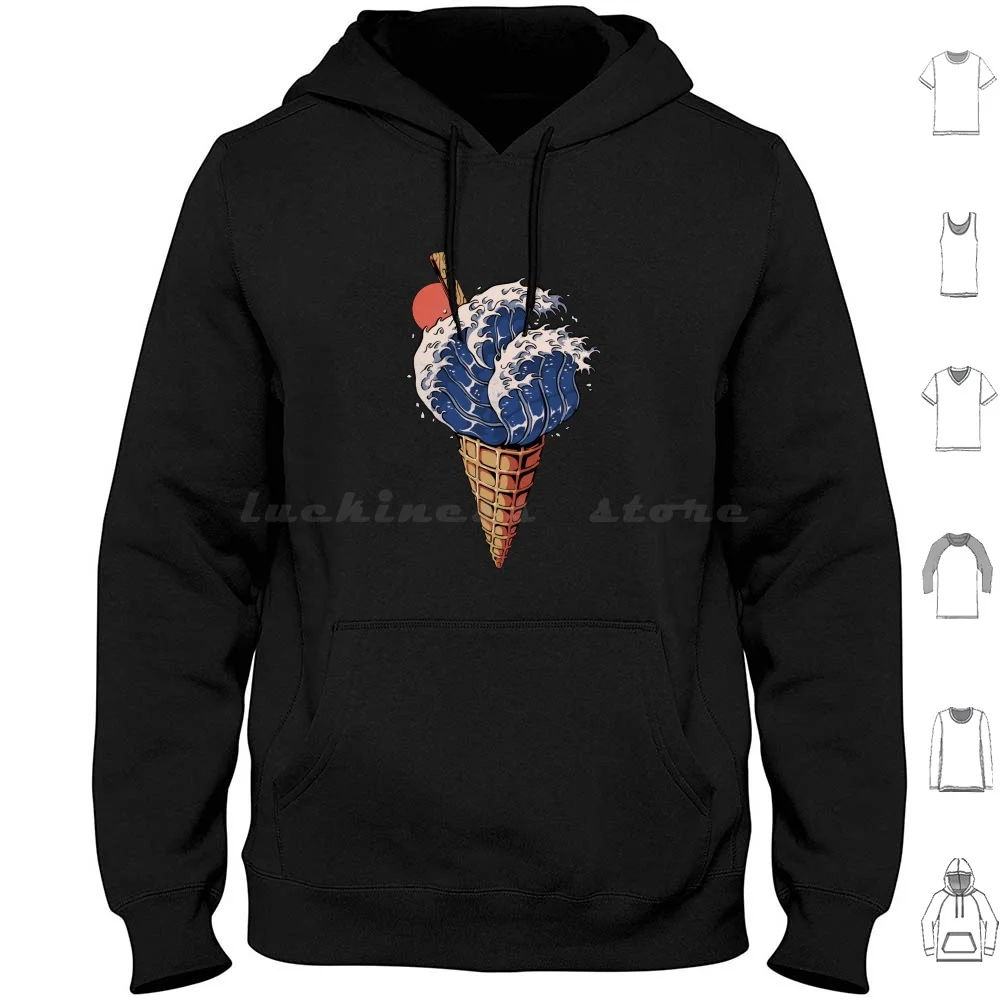 Kanagawa Ice Cream Hoodie cotton Long Sleeve Ice Cream Japan Japanese Great Wave Daruma Fuji Kanagawa Food Drink Funny