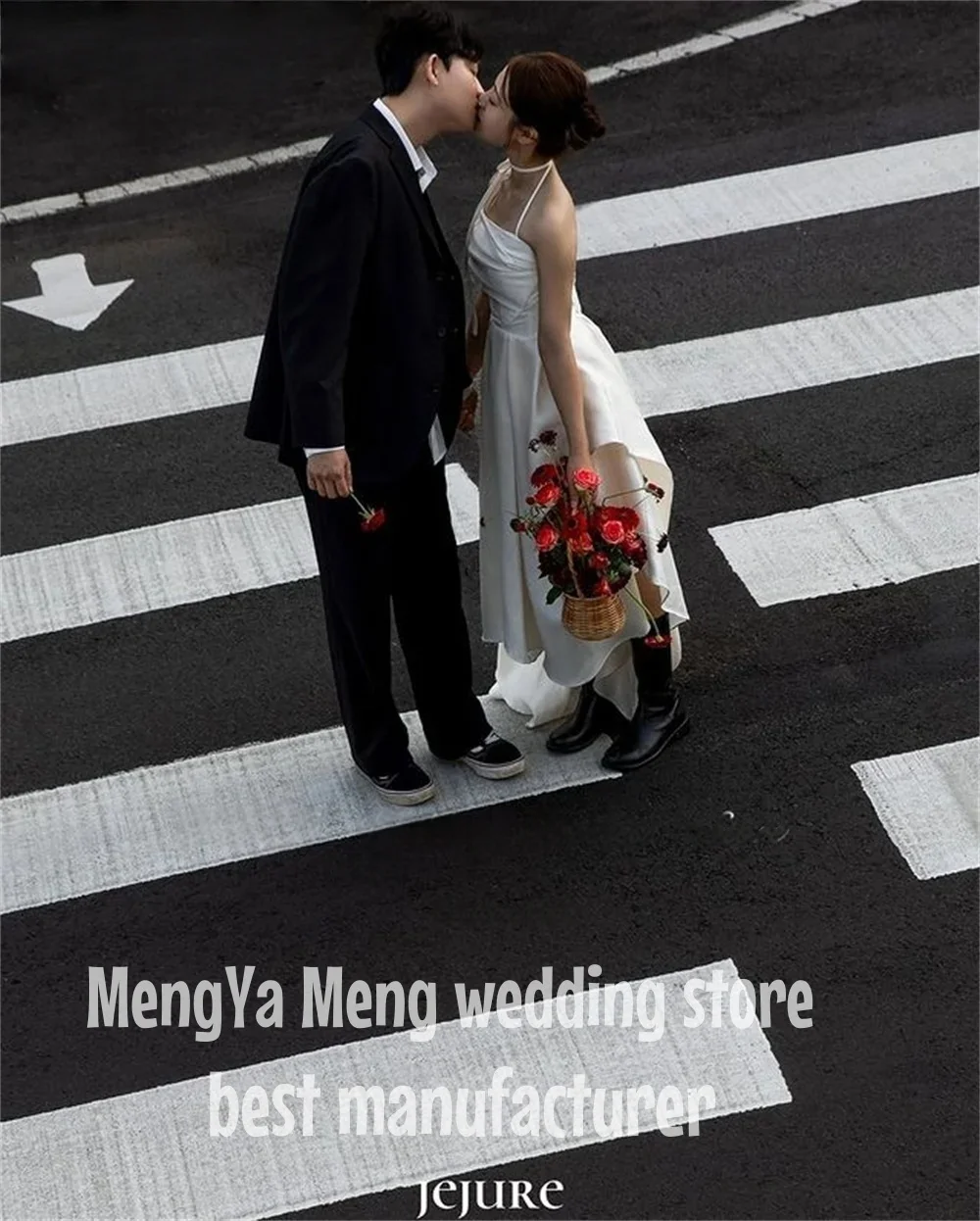 ZHUISHU 간단한 실크 새틴 파티 드레스 사진 촬영 원 숄더 티 길이 신부 가운 코르셋 백 맞춤 제작 한국 결혼식