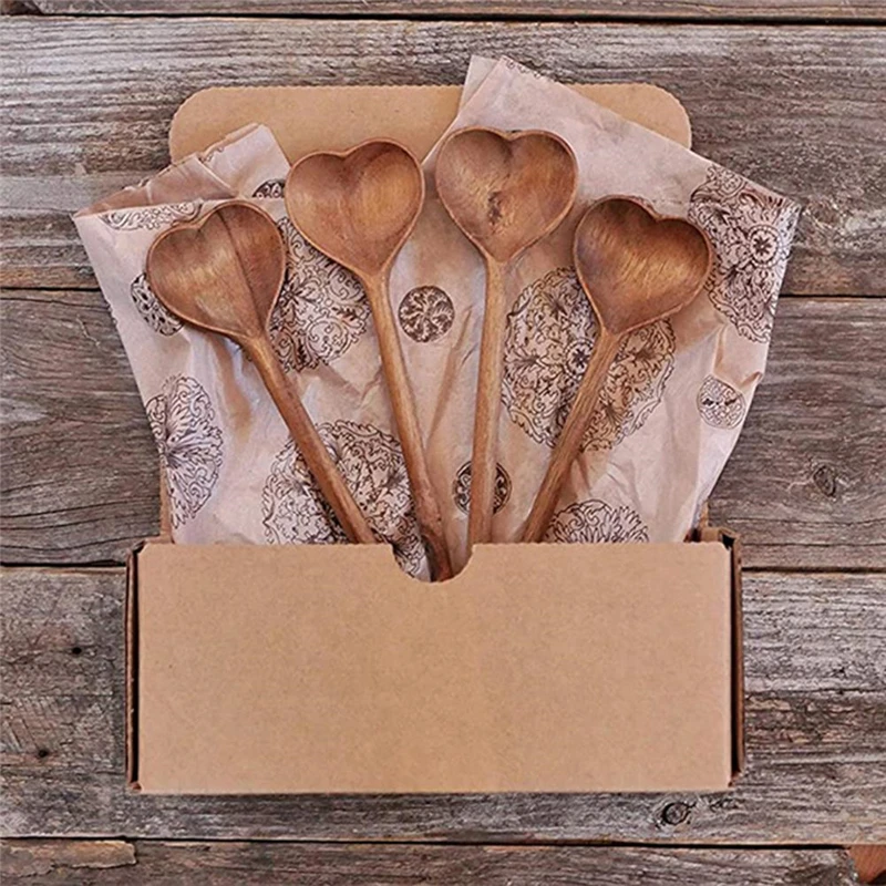 Wooden Spoon Heat Resistance Long Handle Anti-Crack Dishwasher BPA Free Safe Cake Heart-shaped Serving Soap Spoon Kitchen Gadget