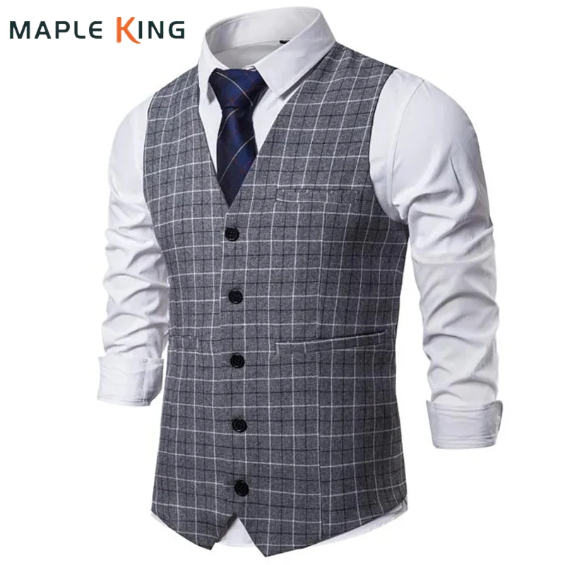 Waistcoat Vest For Men Slim Fit Leisure Plaid Gentlemen Business Sleeveless Vintage Mens Wedding Vest Party Formal Costime Homme