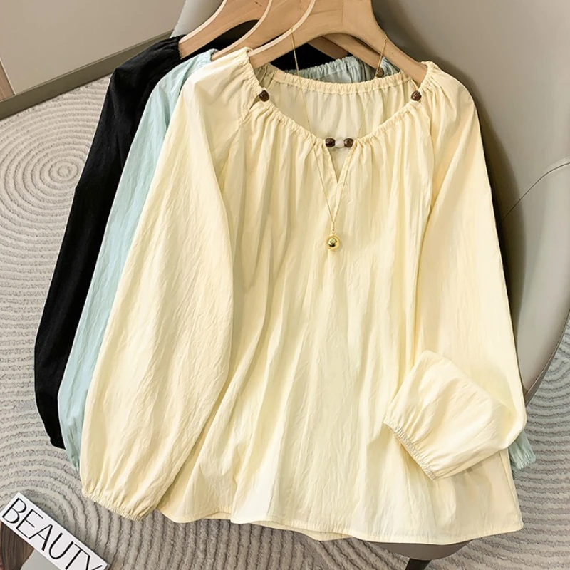 

Рубашки больших размеров для женщин, корейский стиль, расшитый бисером, с рукавами-пузырьками, простая рубашка, весна-осень 2025, новые повседневные блузки