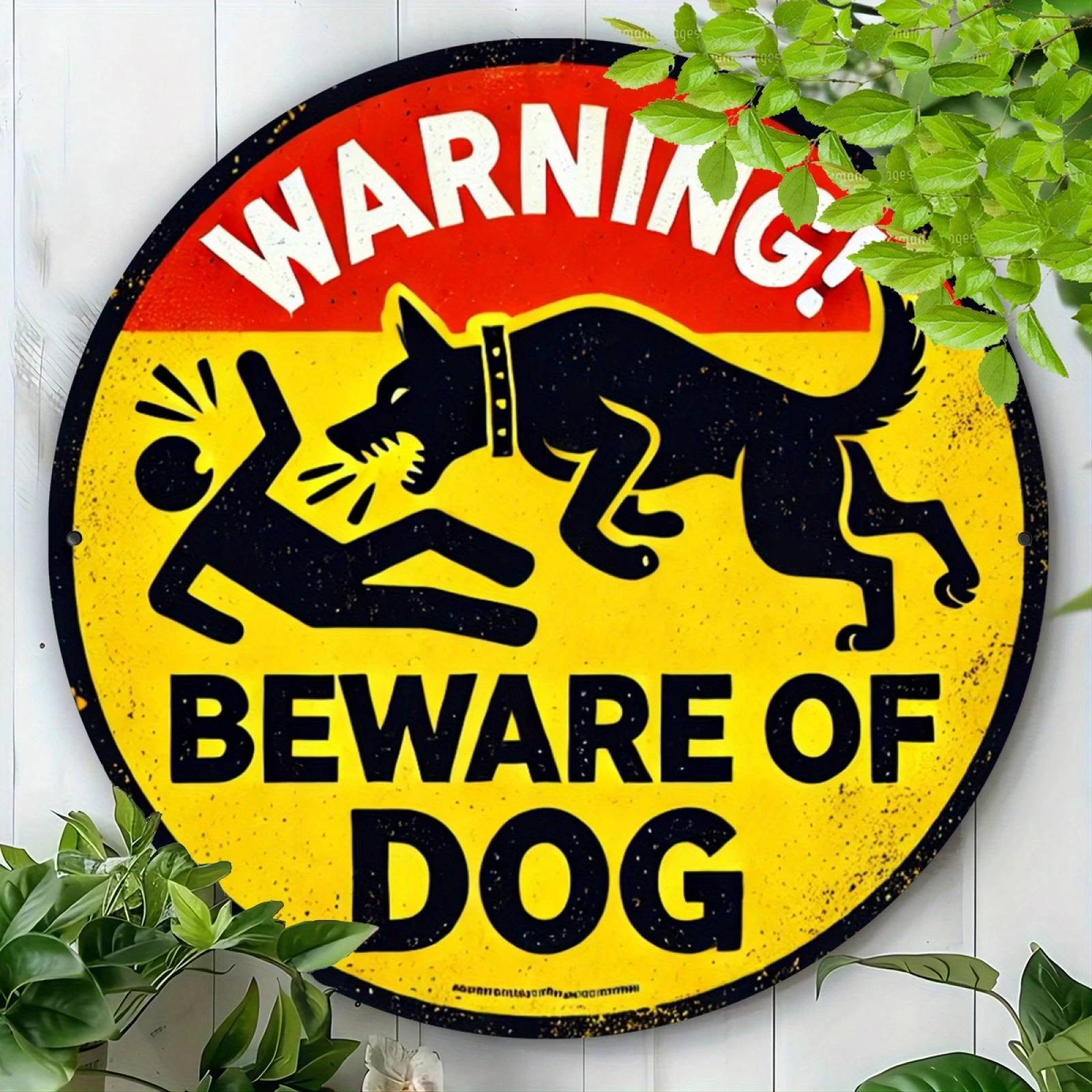 2D Vintage Warning Dog Sign 8 Inch Round Wooden Wall Sign for Indoor and Outdoor Farm Restaurant Garden Bar Cafe Gym