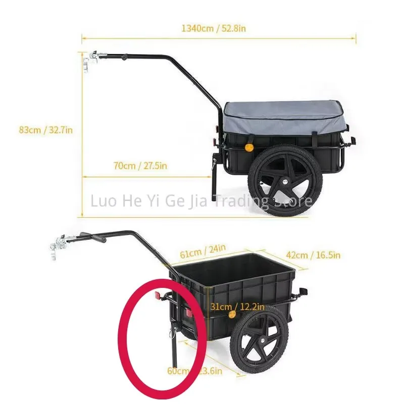 16 Inch Big Wheel Cargo Bike Trailer With Rain Cover and Stand, Metal Frame Cargo Wagon Cart For Bike And Electric Bike