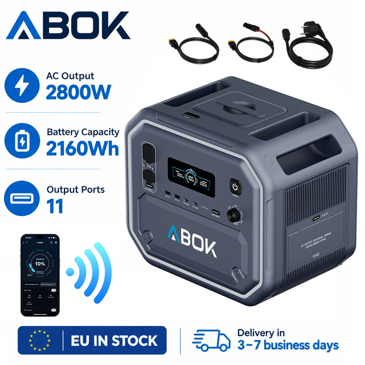 Abok 2800W AC Solar-Generator Powerstation 2160Wh LiFePO4-Batterie 4000+ Zyklen für Heim-Backup, Camping und Notfälle