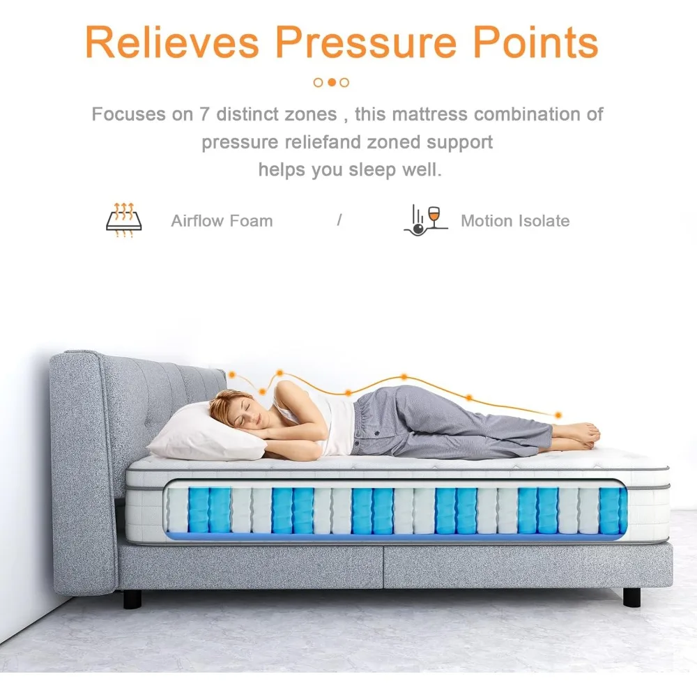 Queen Mattress, Innerspring Mattress with Breathable Foam and Pocket Spring for Motion Isolation