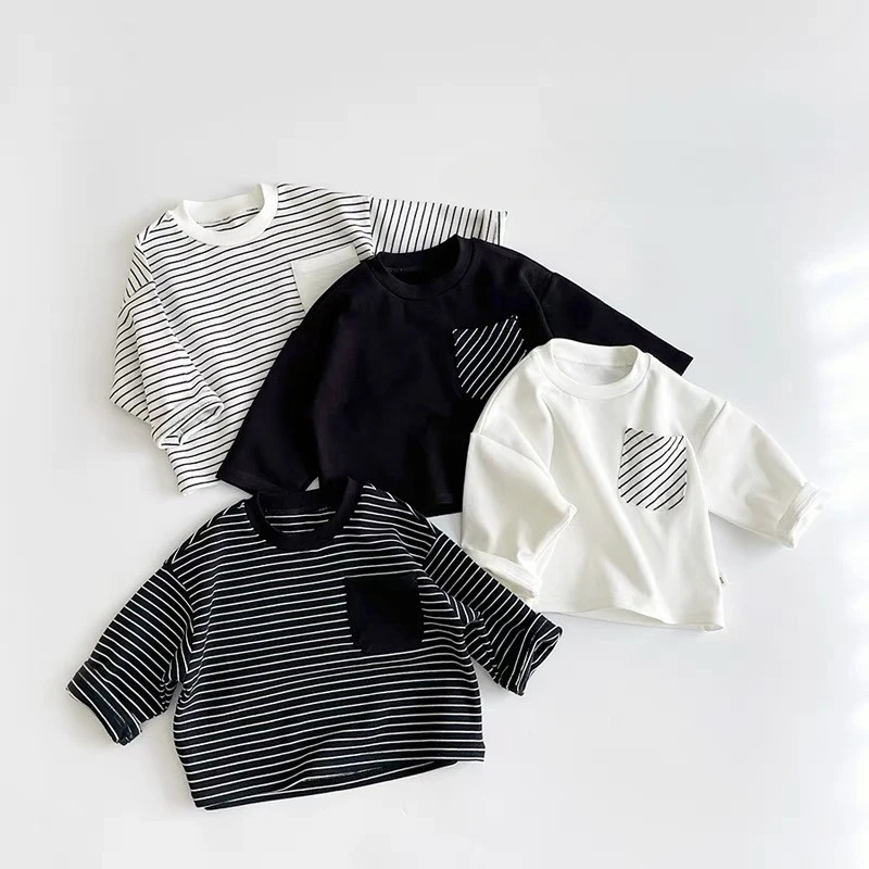 

Child Long Sleeve Tshirt Early Spring Korean Version Clothes Trendy Loose Base Shirt Baby Unisex New Design Crewneck Striped Top