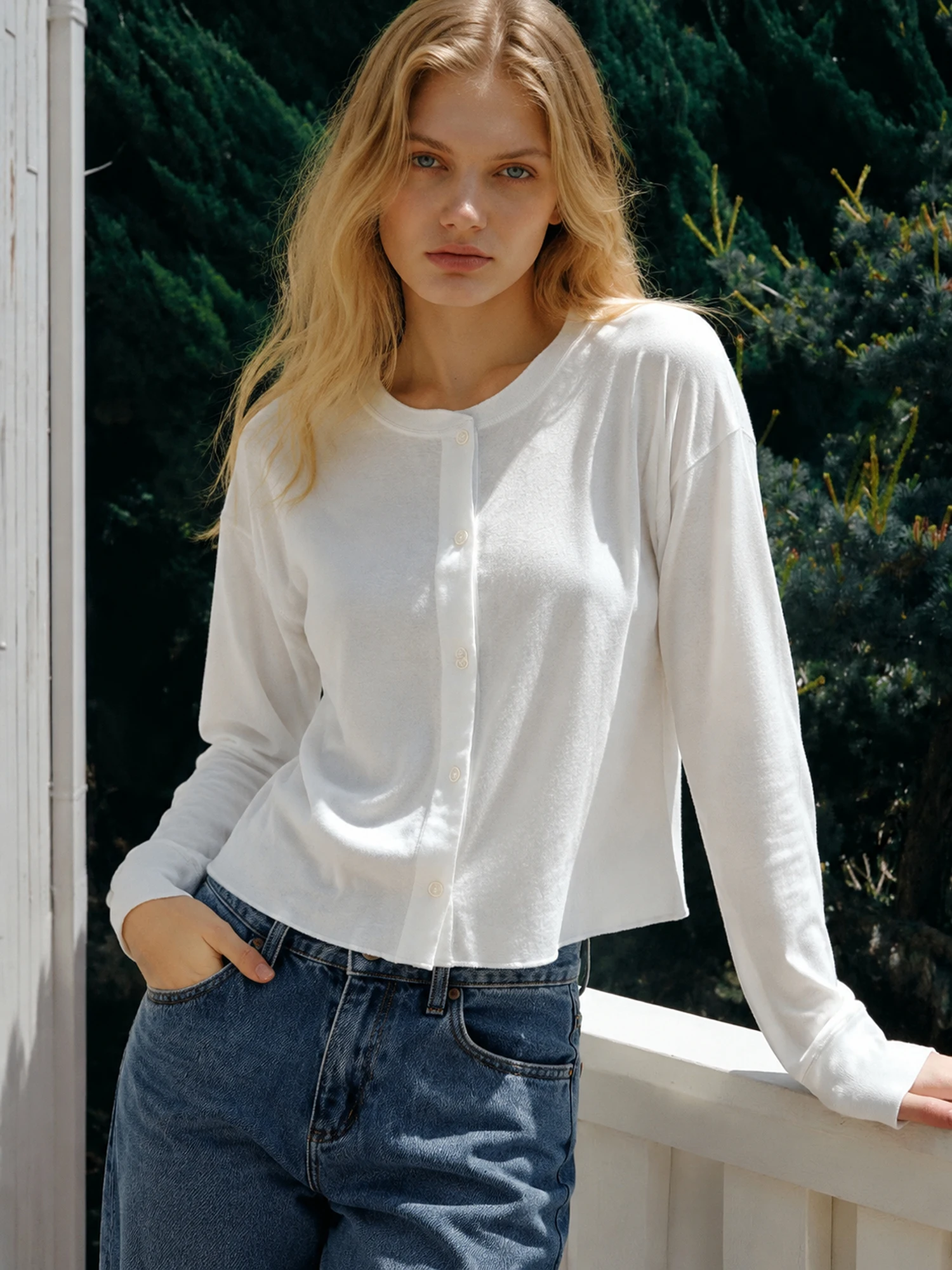 Comfortable High-Count Cotton Long-Sleeve Henley Neck Open Cardigan Soft Breathable Women's Knitted Top Casual Simple Style