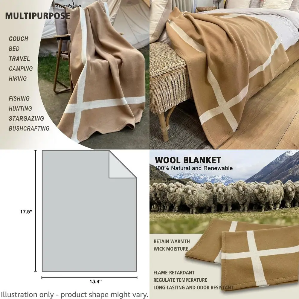 

Camel 90% Wool Twin Size Throw Blanket, 75x55 Inches, Soft and Warm for Living Room, Camping, Outdoors, Car Travel, Gift Box Inc