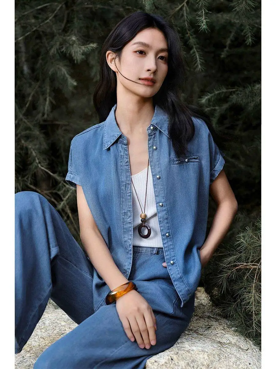 

Summer New Women's Slim Fit Denim Shirt And Pants Set High Waist Long Pants Shirt Casual Fashion Two-Piece Set