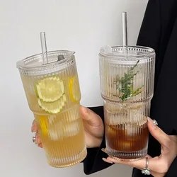 Glass Coffee Cups with Lids and Straw Heat-resistant Tumbler Drinkware Transparent Tea Juice Milk Mug Glasses Stripe Mug 600ml