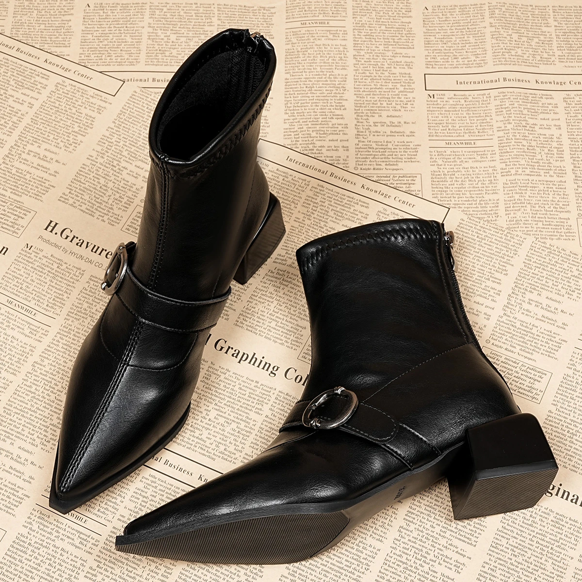 

Pointed Toe Metal Buckle Strap Short Boots For Female Women Thin High Heel 2026 New Leather Fabric Elegant Sexy Winter Shoes