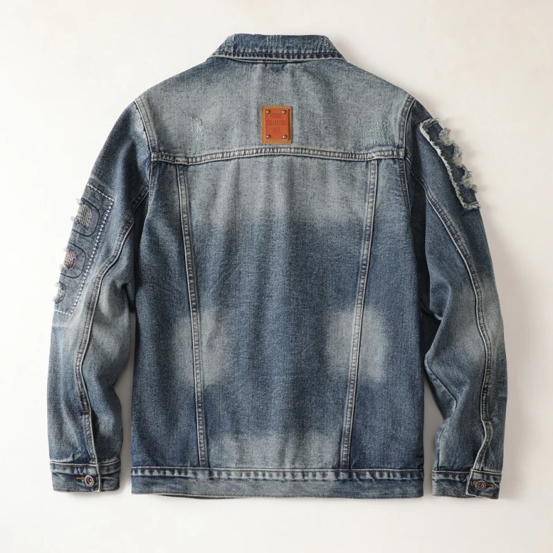 Fall new American retro men's denim jacket personalized hole embroidery splicing trend loose jacket long-sleeved denim clothing