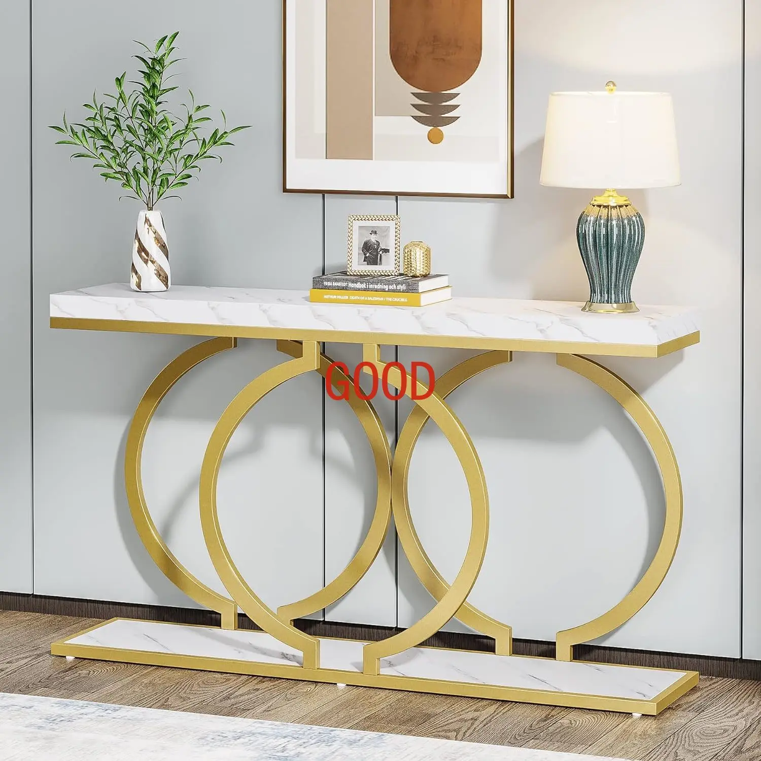 

Gold Console Table, 55 in Faux Marble Entryway Table Narrow Long Sofa Table, Accent Table , Entrance Table Frame, White & Gold