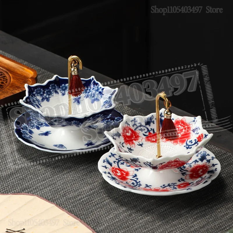 Umbrella Shape Ceramic Tea Strainer Chinese Blue&White Porcelain Loose Leaf Filter with Rotating Design Tea Infuser