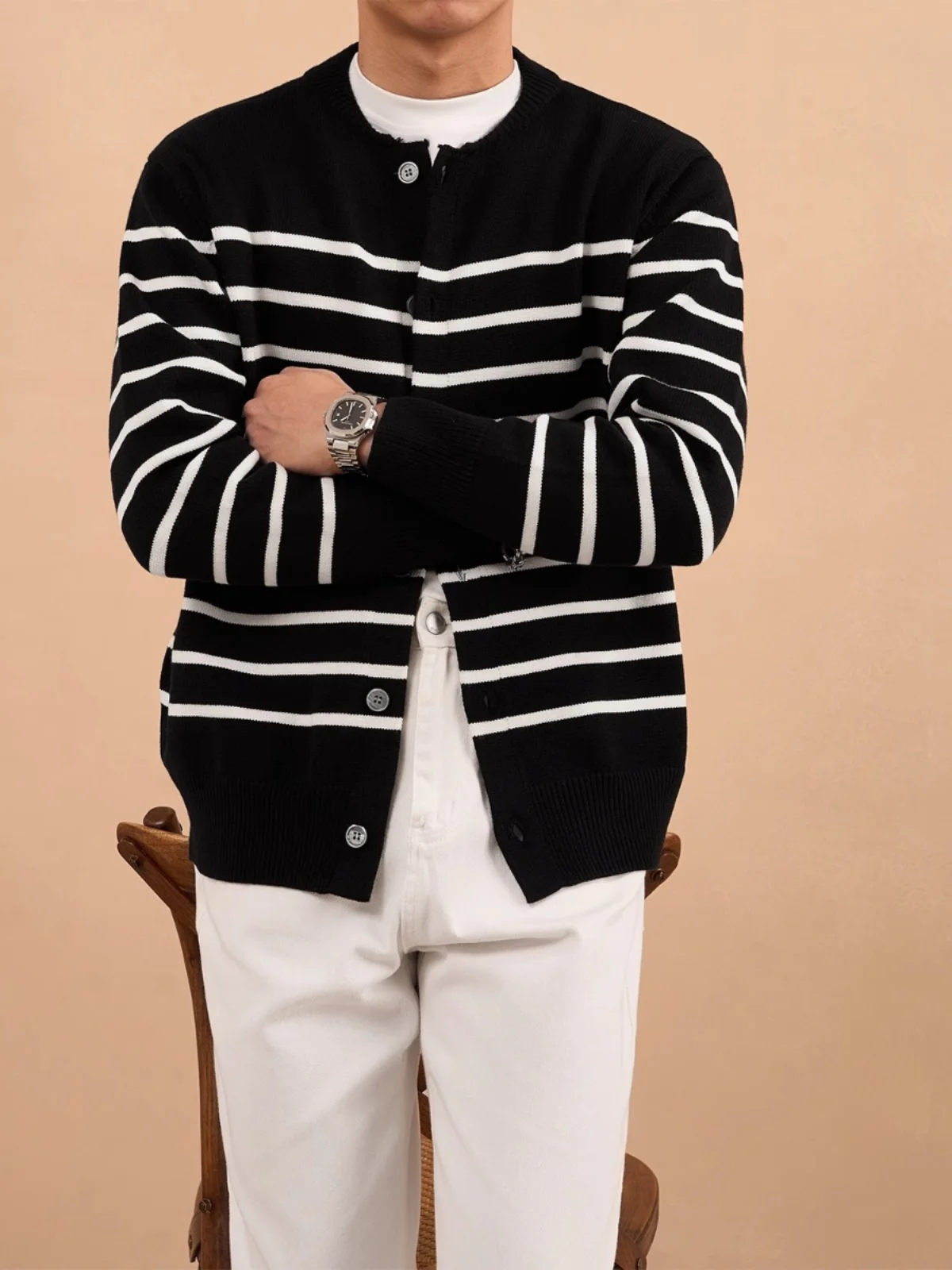 

Вязаный кардиган на пуговицах, повседневный круглый мужской осенне-зимний корейский полосатый дизайн, цветной свитер Blo, Jaet