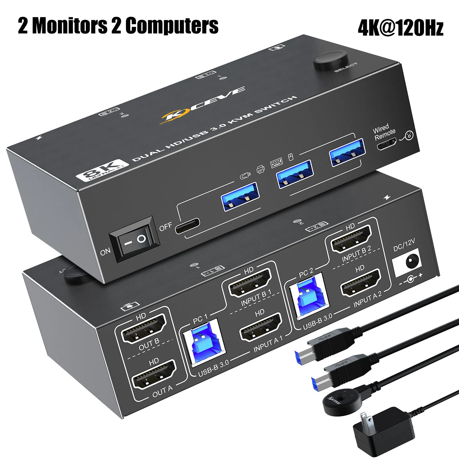 8K Dual Monitor HDMI KVM Switch for 2 Computers  2 Monitors and 4 USB3.0 Devices,Support Extended and Copy Mode, Wired Remote