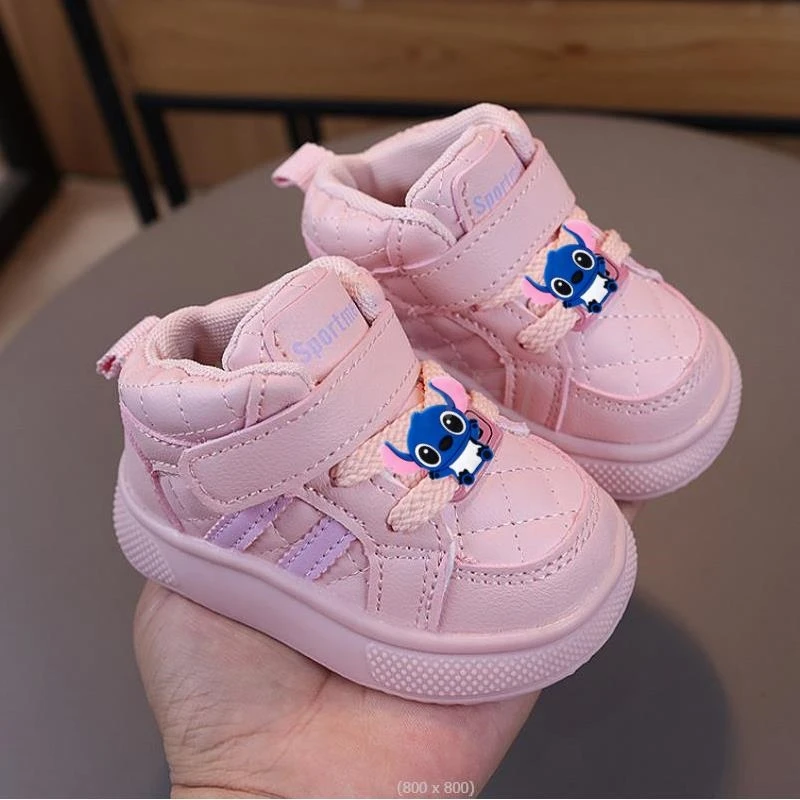 MINISO Mickey Minnie Fashion Kids Sneakers High Top Breathable Casual Shoes Girls Non-slip Boys Outdoors Toddler Board Shoes