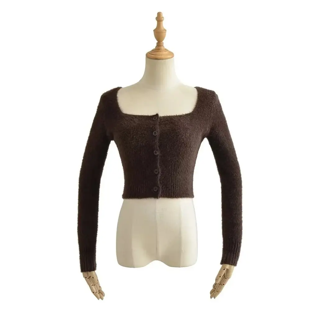 

Women's Autumn Winter Spice Girl Style Slim-fit Long-sleeved Sweater Single-breasted Imitation Mink Velvet Short Plush Top