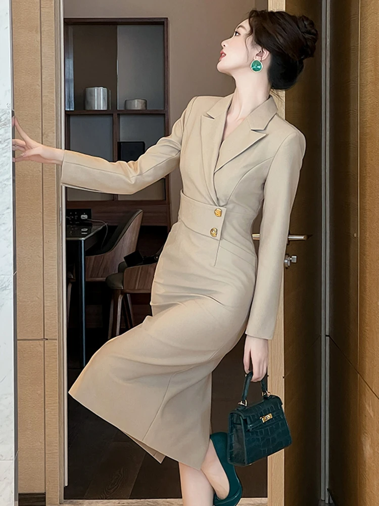 Women Clothes Business Solid Long Sleeve Slim Midi Pencil Dress Elegant Ladies Formal Occasion Vestidos Casual Commute Classic