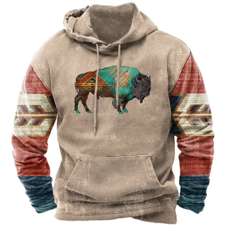 2024 New Men\'s Hoodie Vintage Cow Printed Oversized Hooded Sweatshirts Pullovers Casual Long-sleeved Men Clothing Streetwear