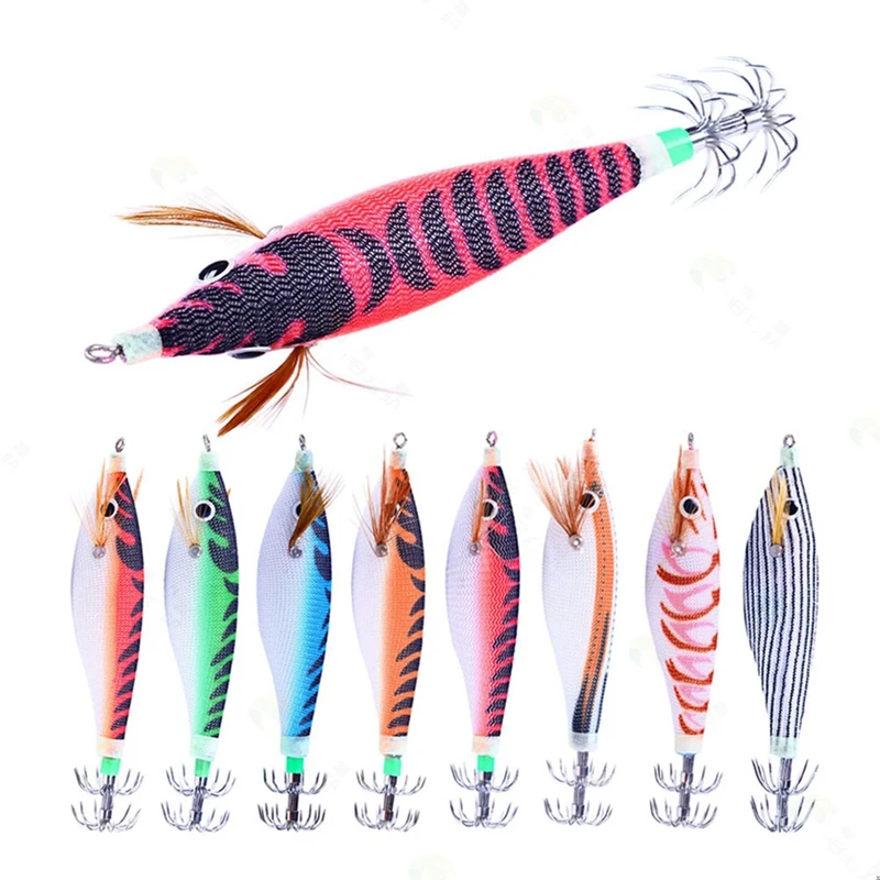 New 8Pcs 9.6G 10Cm Luminou Squid Jig Fishing Wood Shrimp Lure Squid Cuttlefish Jigs Lures Fishing Baits