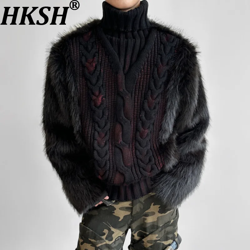 

HKSH осень зима новые мужские модный дизайн утолщенный свитер с воротником из искусственного меха плюшевые лоскутные витые вязаные пуловеры HK16331