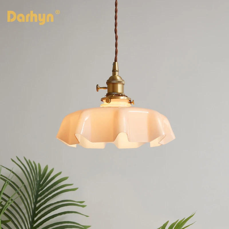 French Glass Pendant Light Retro Lustre For Dining Room Homestay Restaurant Balcony Bedside Aisle Bay Window brass ceiling lamp