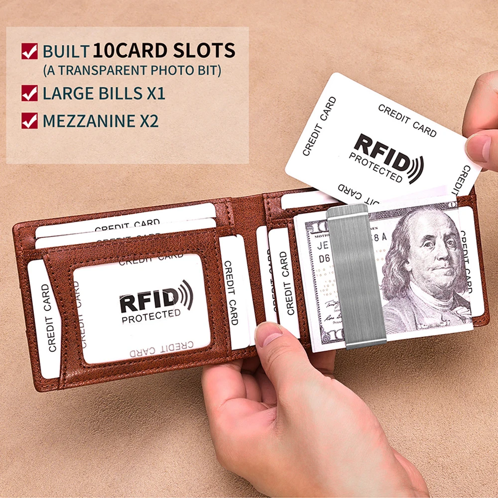 Genuine Leather RFID Card Holder Wallet Mini Slim Gentleman Dollar Money Clip