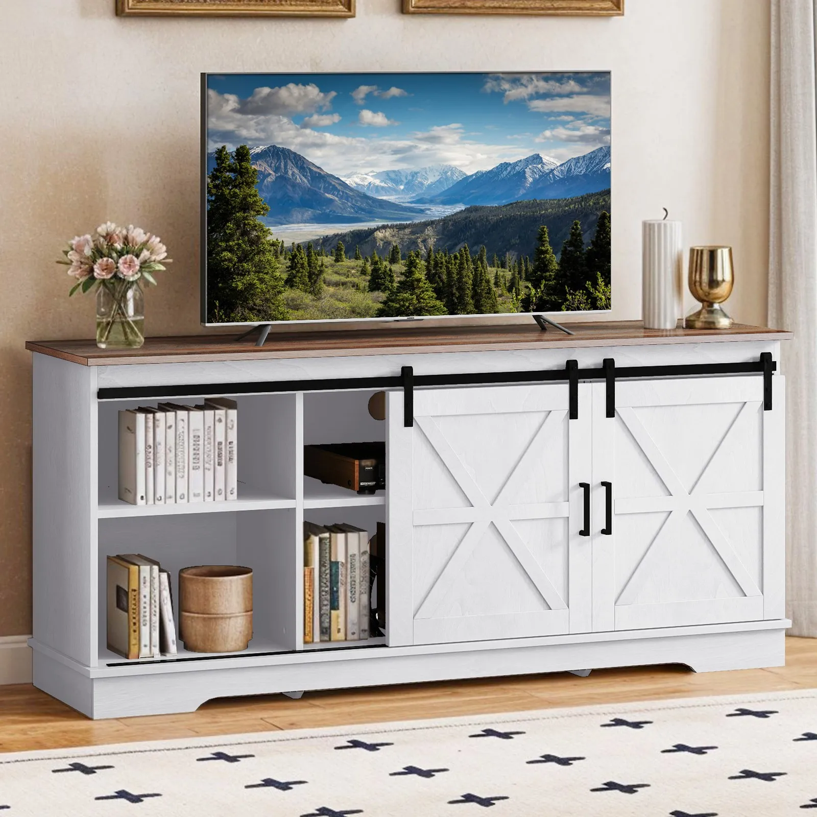 

TV Stand for 60/65" Entertainment Center w/ Sliding Barn Doors & Storage Cabinet
