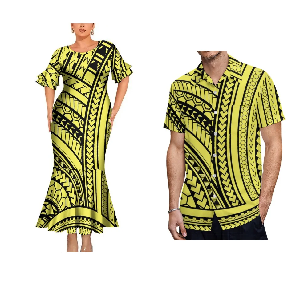 Polynesian Tribal Women Fashion Dress Couple Suit Women Elegant Fishtail Skirt Men Fashion Pocket Shirt Samoa Island Dress