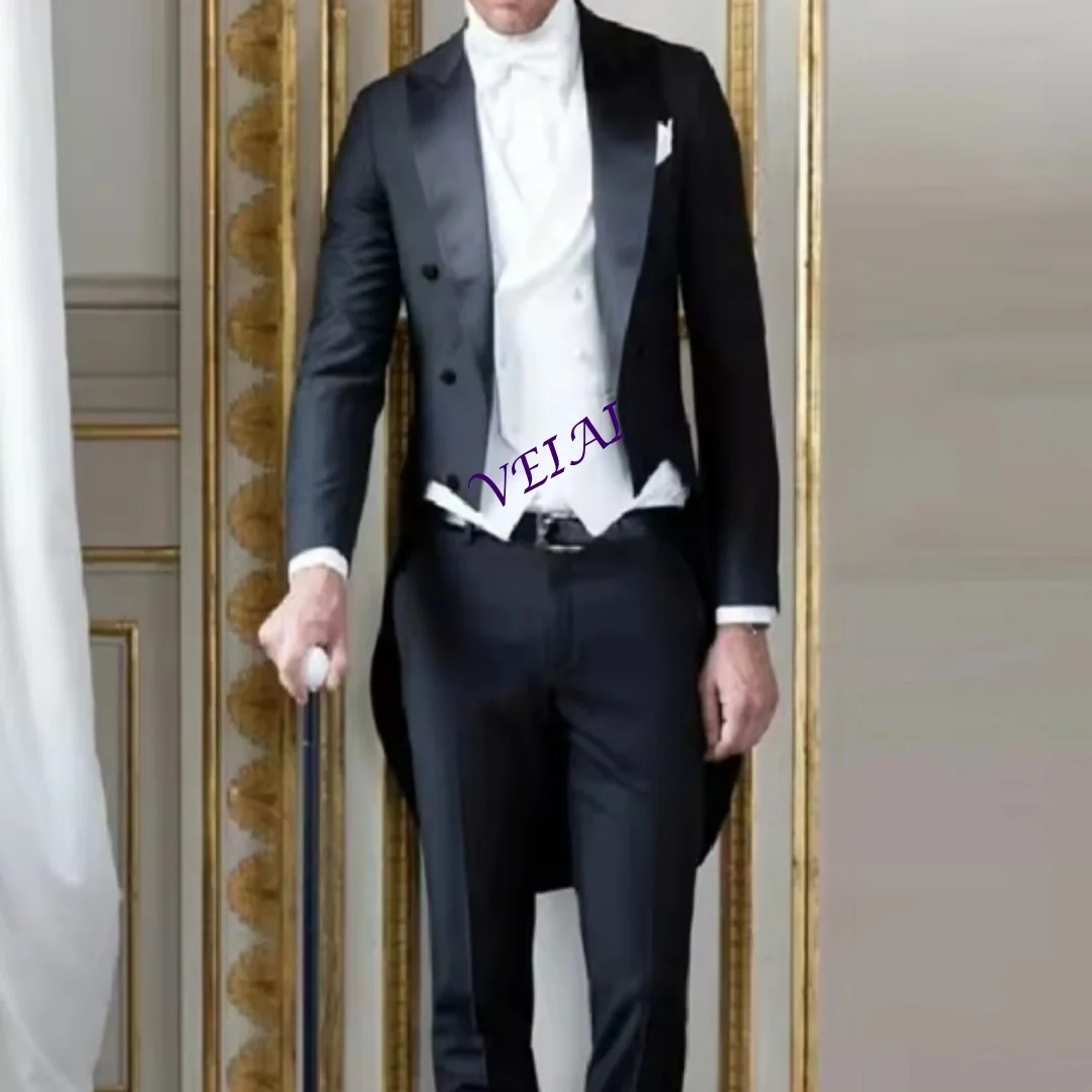 

Индивидуальный пошив: Черный мужской фрак для свадьбы, смокинг из 3 предметов для жениха, костюм для выпускного вечера, модный свадебный костюм с пиджаком и брюками