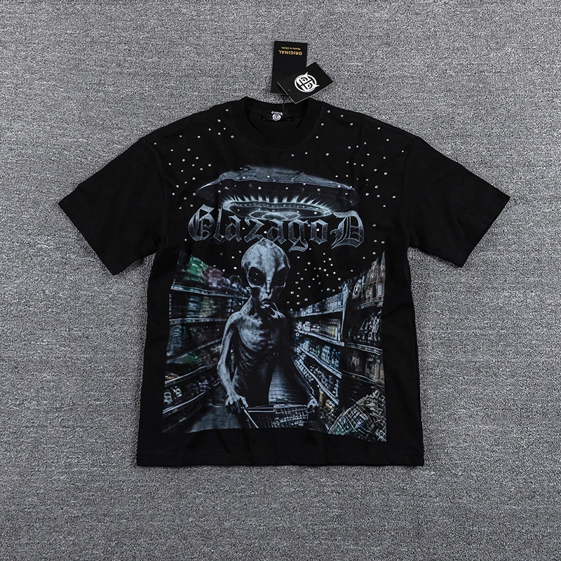 New GlazaGod Men's Retro Hip Hop T-shirt Gothic Shining Diamond Alien Printed Short Sleeve Top Tee