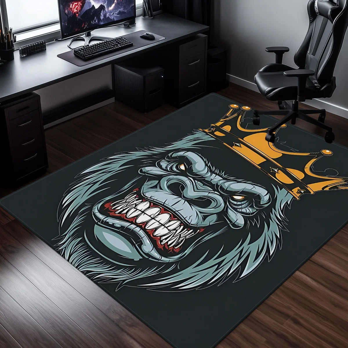 

Gorilla King Crown Graphic Crystal Velvet Rug Gamer Room Decor Bold Animal Print Modern Floor Mat